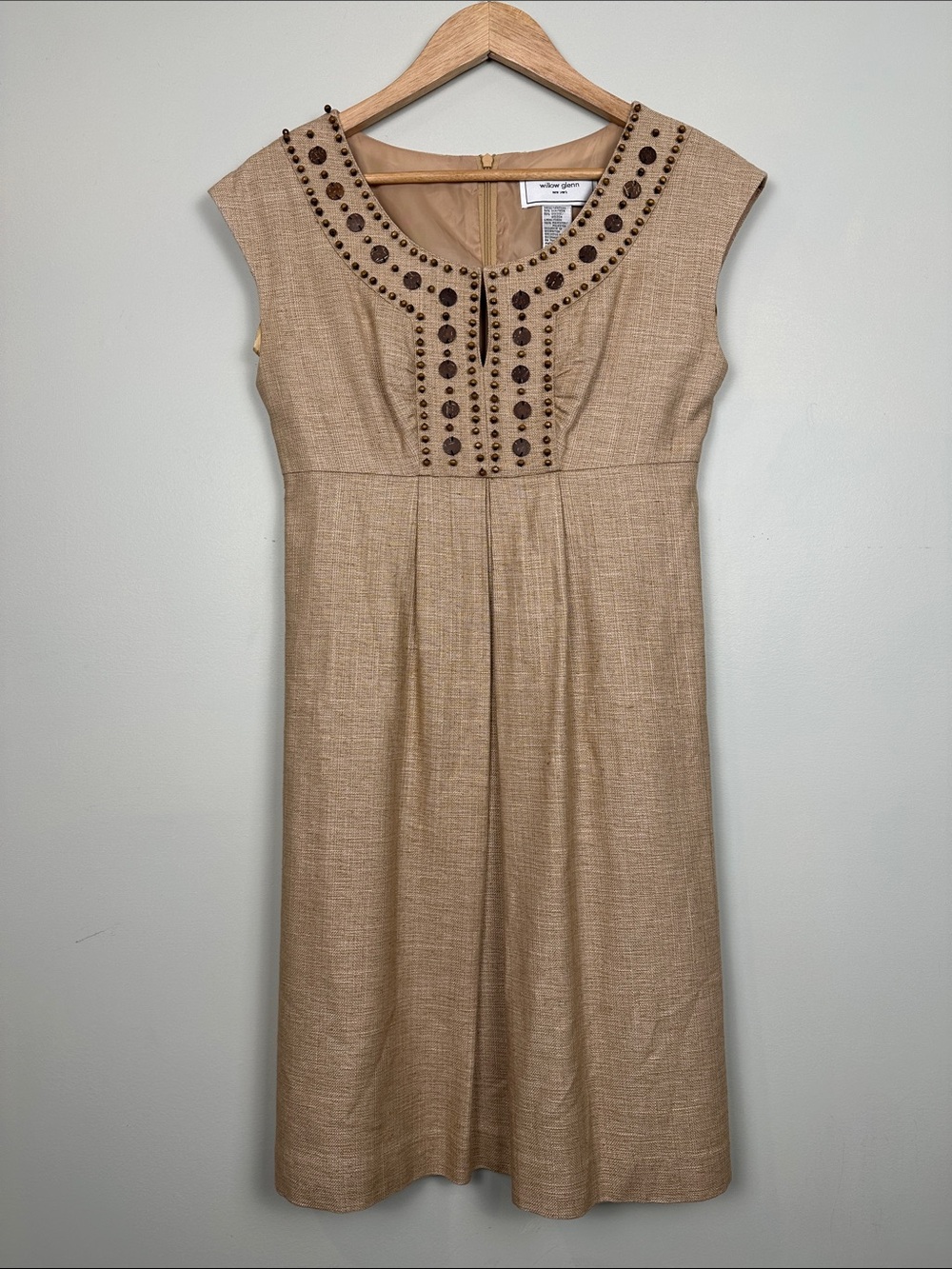 White House Black Market Tan Gold Cap-Sleeve Embellished Dress